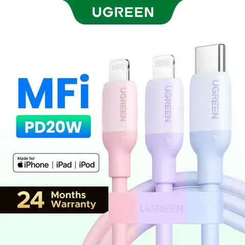 UGREEN 20W PD Fast Charging Smartphone Set with Phone Accessories - 3.3ft Length MFi Certified USB-C to Lightning Cord, 60W USB-C Cord, 24-Month Support, iPhone-Compatible Cables for iPhone 17-8/iPad 9/AirPods Pro, Cordless (Greenish)