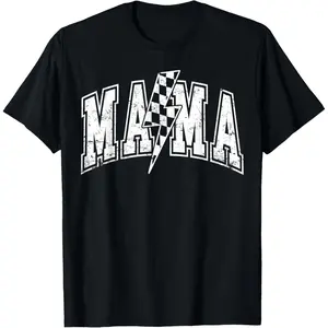 Cotton Short Sleeve  T-Shirt Mama Lightning Bolt Checkered Varsity Mom Mother's Day T-Shirt Baseball Black Graphic tees