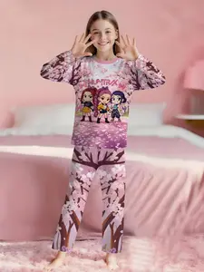 Cherry Blossom Base HUNTRIX Girl Group Fairy Sweet Style 2-Piece Set: Girls' Digital Printed Long-Sleeve Pajamas with Long Pants, Made of Flame-Retardant Fabric. A fashionable, trendy, casual, comfortable and soft pajama set, suitable for sleeping and