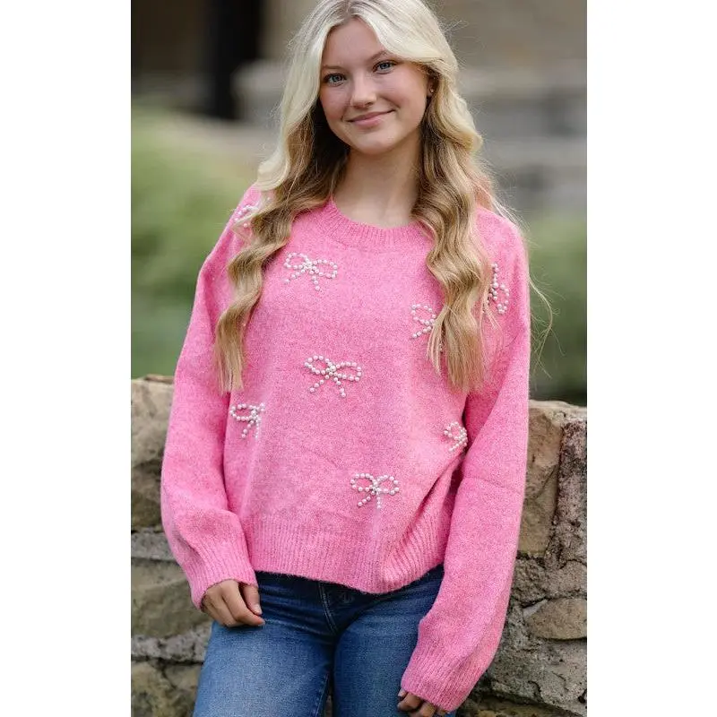 Pearl bow knit sweater
