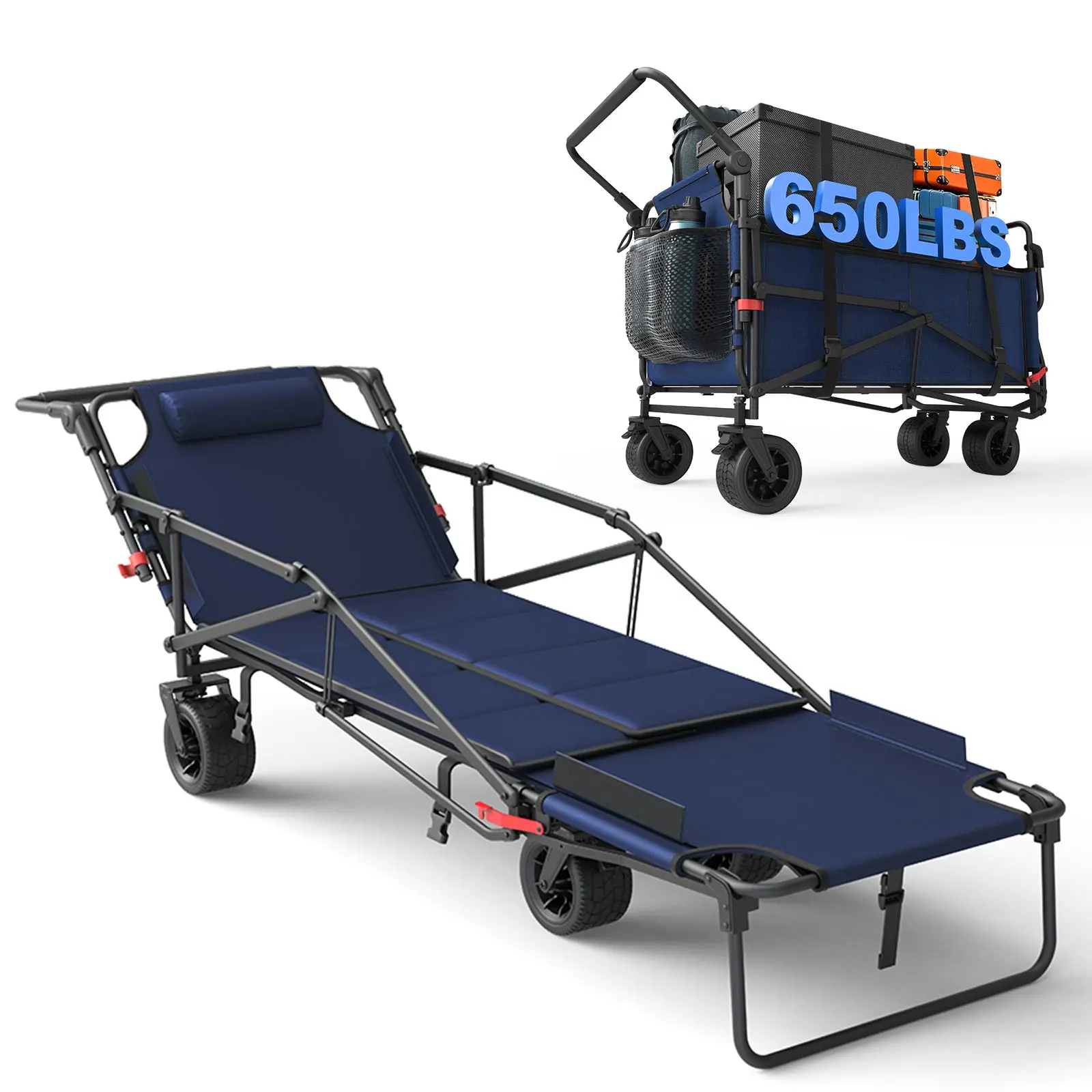 LEVELEVE 2-in-1 Alloy Steel Heavy Duty Cart & Chair - 650LBS Capacity, Adjustable Backrest, All-Terrain Portable Folding Trolley for Groceries, Camping Furniture