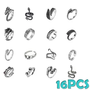 Fashion Cool Gothic Jewelry Rings Pack - 16 Vintage-Inspired Styles Adjustable Skull Ring for Men Women Girls Unique Gift