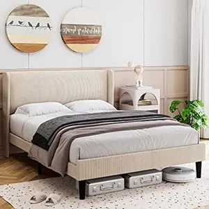 【GARVEE】Upholstered Platform Bed Frames with Wingback Headboards in Queen, King, and Full Sizes, Featuring Heavy-Duty Noise-Free Frame Support, Easy Assembly, Optional Box Spring, Multiple Colors, and Storage Pockets on Queen Model