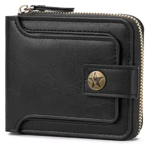 Leather Men's Wallet with Zipper Vintage RFID Blocking Large Capacity Wallet for Men with 10 Credit Card Slots and 1 ID Window