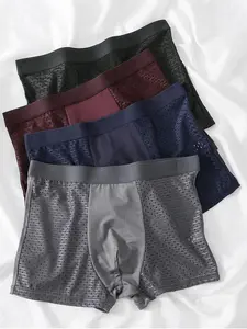 Men's 4 Pcs Solid Color Hollow Out Fitted Boxer Briefs, Casual Comfortable Breathable Underwear For All Seasons, Underwear for Men