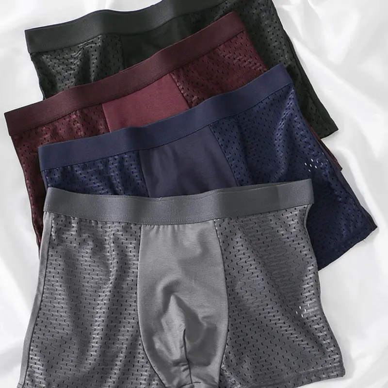 Men's 4 Pcs Solid Color Hollow Out Fitted Boxer Briefs, Casual Comfortable Breathable Underwear For All Seasons, Underwear for Men