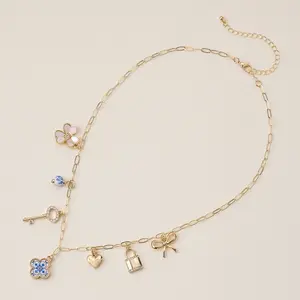 Gold Charm Necklace with Key, Heart & Floral Accents