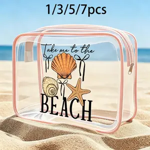 PVC Waterproof Beach Bag with Seashell and Starfish Decor, Lightweight Fade-Resistant Makeup and Toiletry Bag for Women and Men