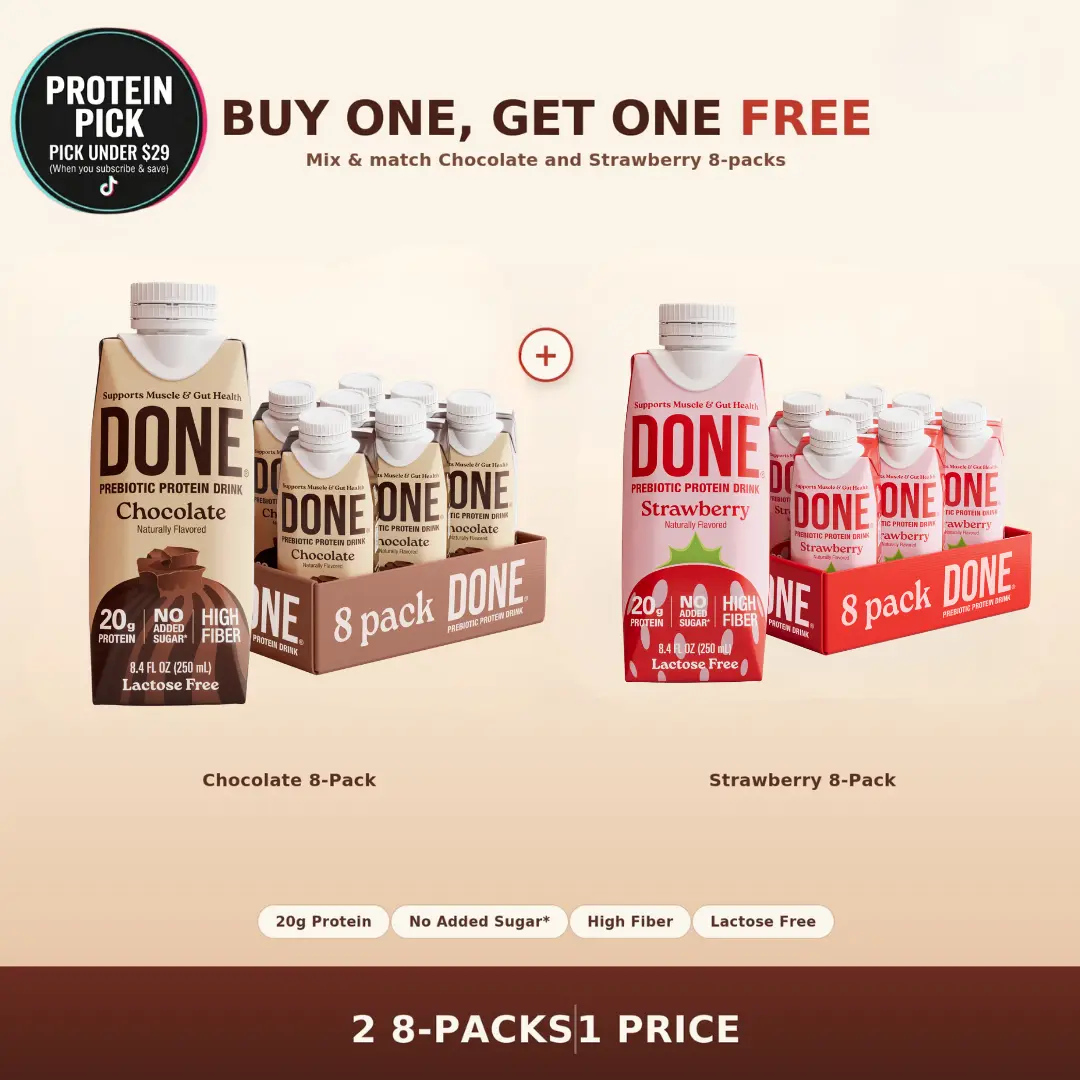 DONE Prebiotic Protein Drink - 8 PACK ( 8 BOTTLES) 20g Protein, 6g Fiber, No Added Sugar, Gluten-Free, Lactose-Free, Supports Muscle & Gut Health, Chocolate, Strawberry, Salted Caramel