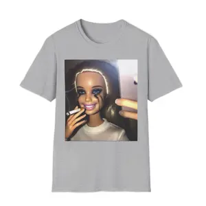 Sad Girl Barbie Shirt - Gray Casual T-Shirt with Iconic Barbie Face Design for Trendy Outfits