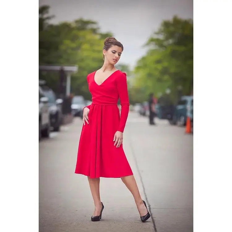 Asymmetrical Red Long Sleeved Dress
