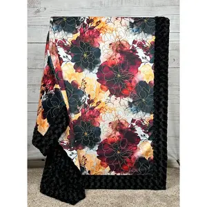 Fall Floral on Black Luxe Large Minky Blanket 55x79