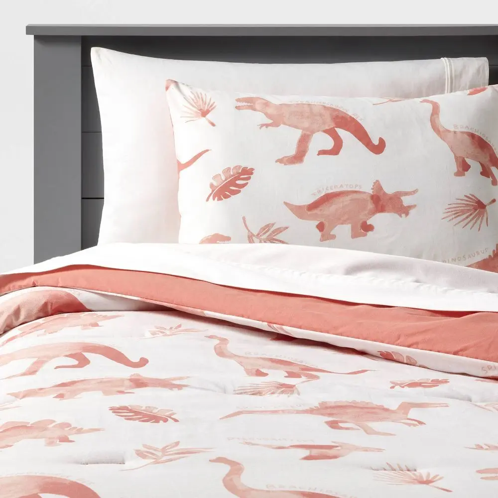 Full/Queen Dinosaur Kids' Comforter Set Pink/White - Pillowfort: OEKO-TEX Certified 3-Piece Bedding Cotton Kids
