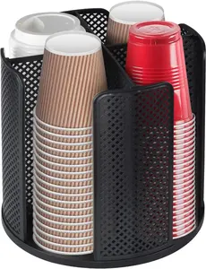 Rotatable coffee cup dispenser with 4 compartments for 5–16oz cups/lids; ideal for home, office, bar, restaurant , or coffee station organization.