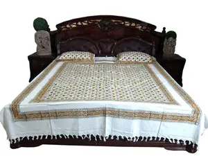Boho Indian Bedspread Handloom Cotton Paisley Printed Bedding with Pillows