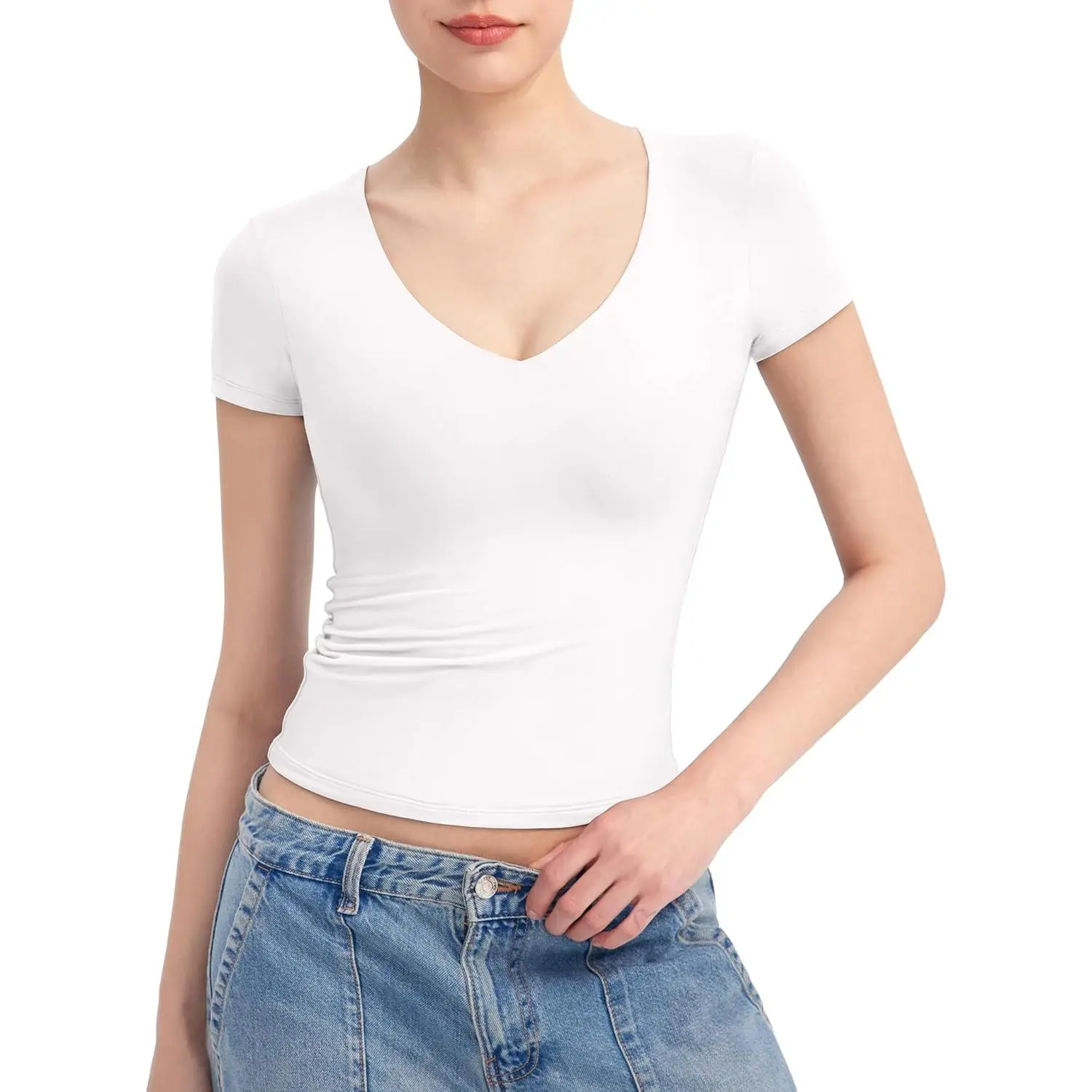 PUMIEY Women's V Neck Short Sleeve T Shirts Slim Fit Going Out Tops Sexy Basic Tee Sharp Collection