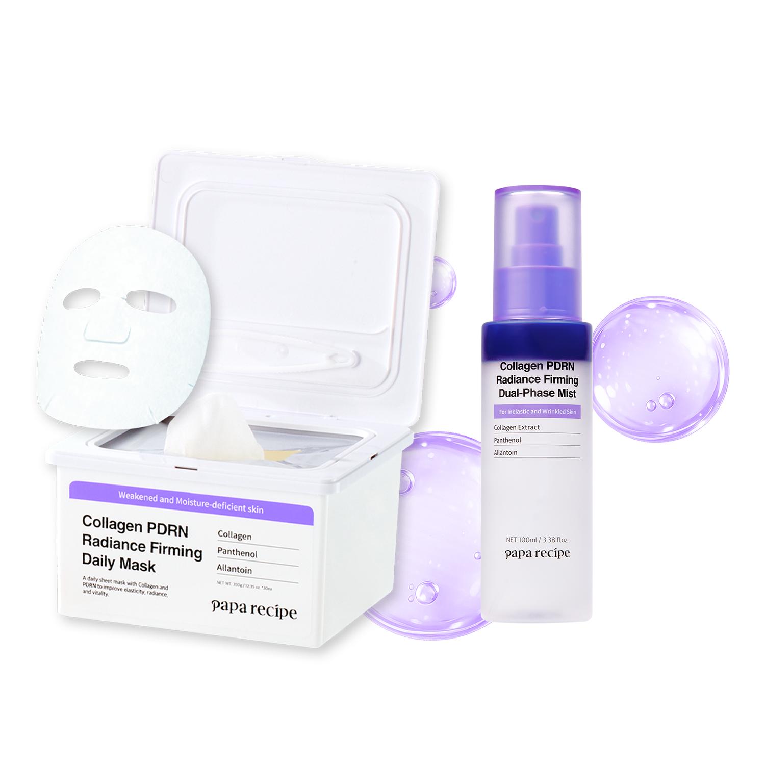Papa Recipe Collagen PDRN Firming Duo Set – Dual-Phase Mist & Daily Sheet Mask Bundle, Boost Elasticity & Plump Look, Instant Glow, Deep Hydration, Lightweight Korean Skincare