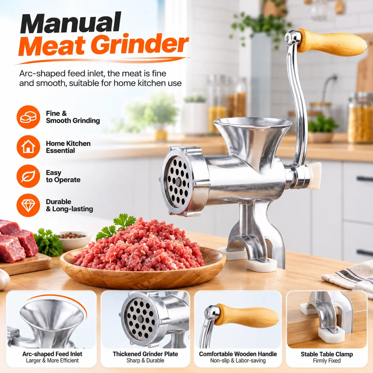 Aluminum Alloy Ergonomic Crank Manual Kitchen Grinder - Compact, Small Footprint, Tool-Free Disassembly & Simple Maintenance, Meat Grinding, 1 x Noodle Press Mold Plate, 2 x Spice Powder Grinding Attachments, Extendable for Camp Kitchen Household Use, Erg