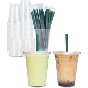 [100 Sets] 12 oz Clear Plastic Cups with  and STRAWS, Disposable Party Cups for To Go Iced Coffee Cold Drinks, Smoothie, Juice, Parfait, Frappuccino, Milkshake. No Leaking Fruit Cup
