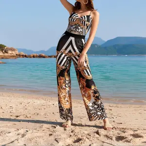 Bathing suit ,swimsuit for women,one piece swimsuit,swimsuits bikinis,bathing suits 2026,2 Piece Baroque Print Swimsuit Set,Spaghetti Strap One Piece Bathing Suit withHigh Waist Wide Leg Pants, Luxury BlackWhite Gold Beach Outfit