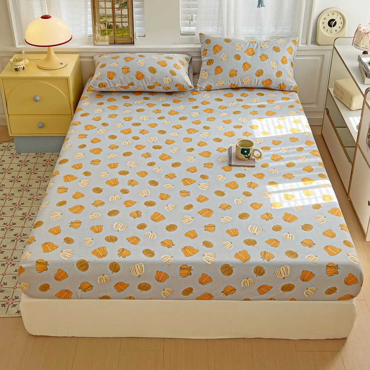3pcs Floral Pumpkin Butterfly Print Bed Sheet Set, Soft Comfortable Bedding, Mattress Protector, Holiday Gift, Universal Theme, Polyester Bedding Set