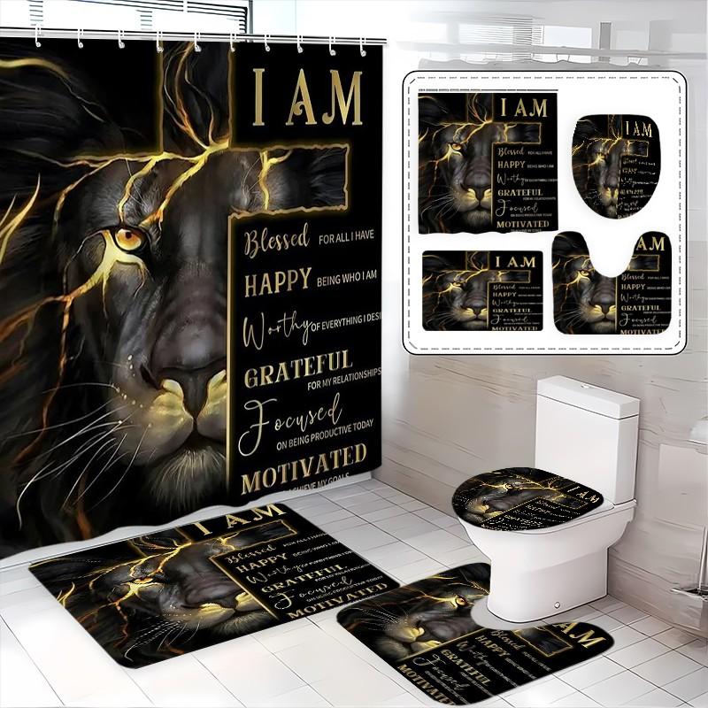 Creative Gold Lion Shower Curtain Set, Waterproof Polyester, Includes Hooks, Toilet Lid Cover, Mat, Home Decor, Holiday Gift, Bathroom Decoration Accessories
