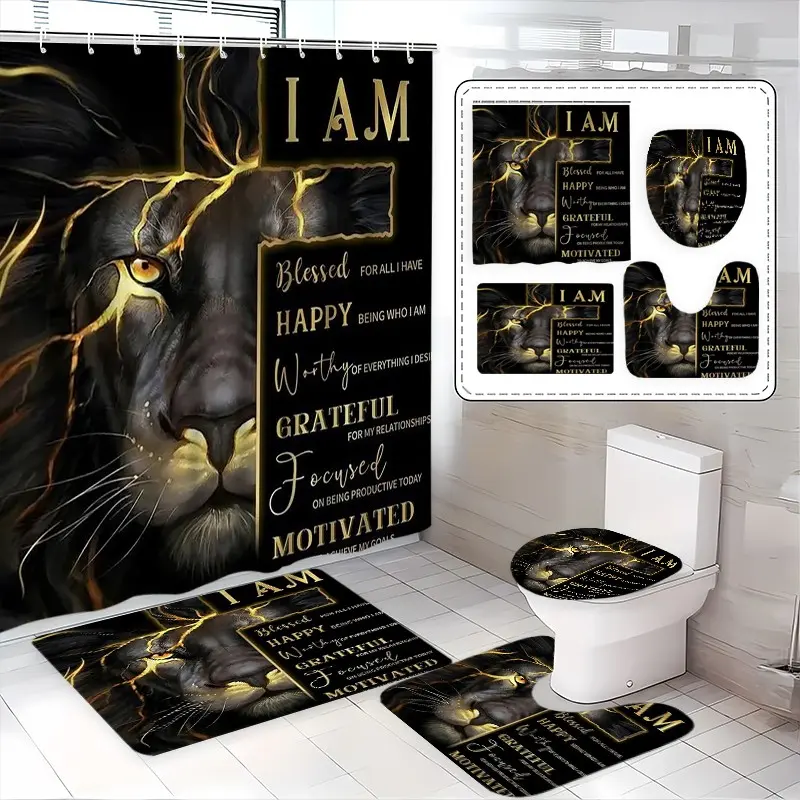 Creative Gold Lion Shower Curtain Set, Waterproof Polyester, Includes Hooks, Toilet Lid Cover, Mat, Home Decor, Holiday Gift, Bathroom Decoration Accessories