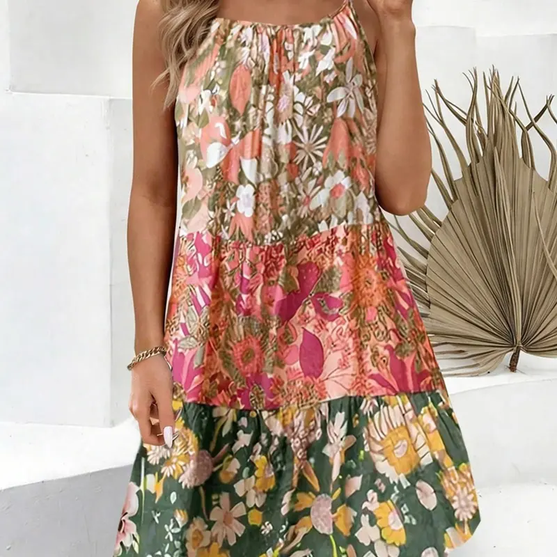 Fashion Color Block Floral Print Sleeveless Spaghetti Strap Sundress, Curve Plus Size Loose Casual Summer Dresses Y2K Clothes Vacation Outfits Trendy Street Style Daily Date Wear Cute Beach Party Wear Boho Chic Dress Womenswear Bohemian