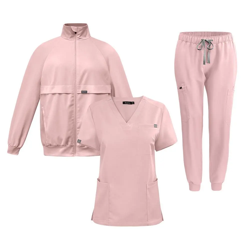 Scrub Set for Women, Solid Fitted 3-Piece Winter Uniform with Coat, Pink Medical Nurse Workwear Clothes, Lady, Basic