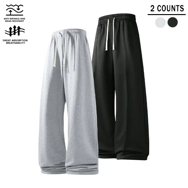 Men’s two-pack drawstring wide-leg sweatpants, wrinkle-resistant, wear-resistant, breathable, loose casual floor-length pants suitable for streetwear, sports/fitness, and home leisure.