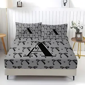 Initial Letter A-Z Girls' Fitted Sheet,Black and Grey Bow Bedding Set,Including 1 Bed Sheet and 2 Pillowcases,Non slip Dust Cover Suitable for Bedroom and Guest Room,Suitable for Personal Use or Gift Giving