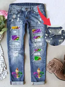 Mardi Gras Multiple Unique Print Women's Patch Ripped  Distressed Boyfriend  Mid-Waist Jeans Fitted Denim Pants Stretchy Waistband Woman's Casual Daily Wear Comfy for All Season