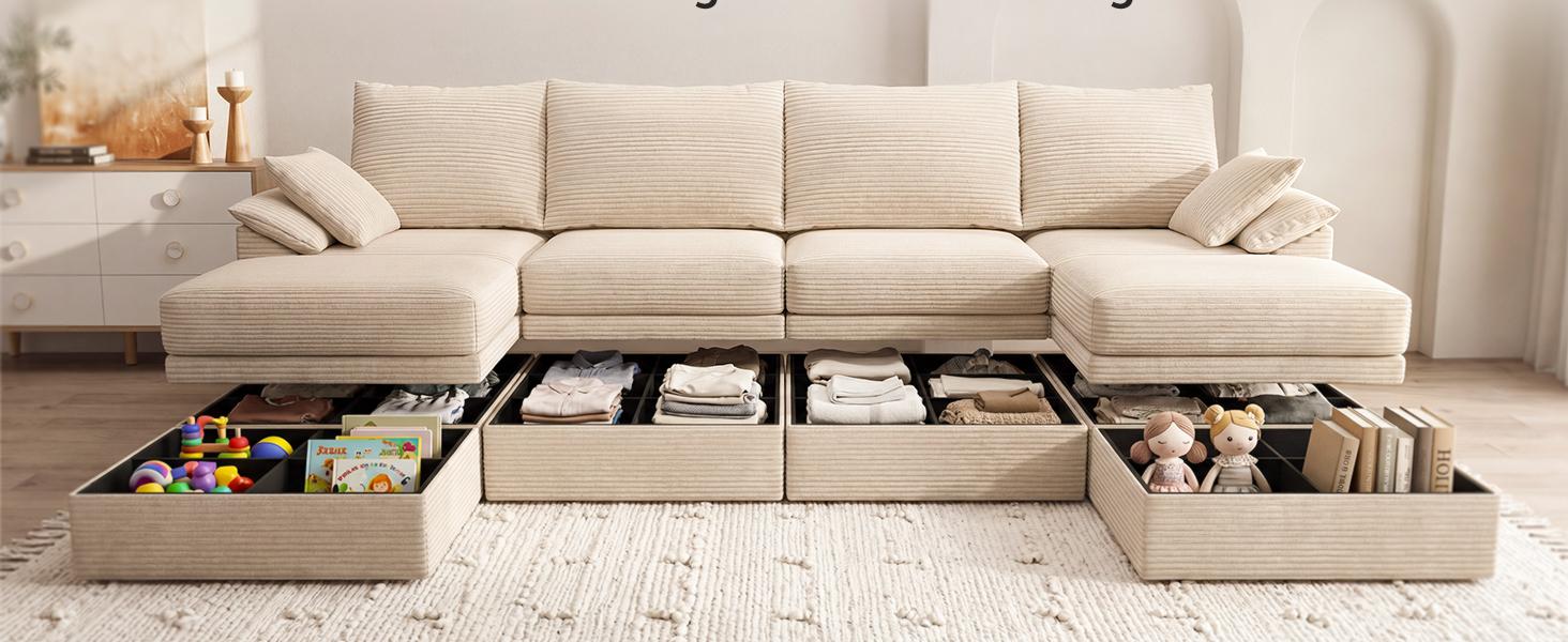 Beige 107in U-Shaped Modular Sectional Couch - 3-Seater Boneless Floor Sofa, The Cloud Couch, Cloud Sectional, Deep Seat Corduroy Sofas Living Room, Hidden Storage, Movable Ottomans, High Back Support, No Assembly, 2-Pack Ship, Curved Indoor Furniture