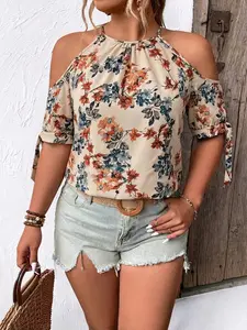 Women's Plus Size Cold Shoulder Cutout Floral Blouse Tie Sleeve Halter Top Flowy Casual Summer Vacation Boho Beach Outfits Trendy, Chic
