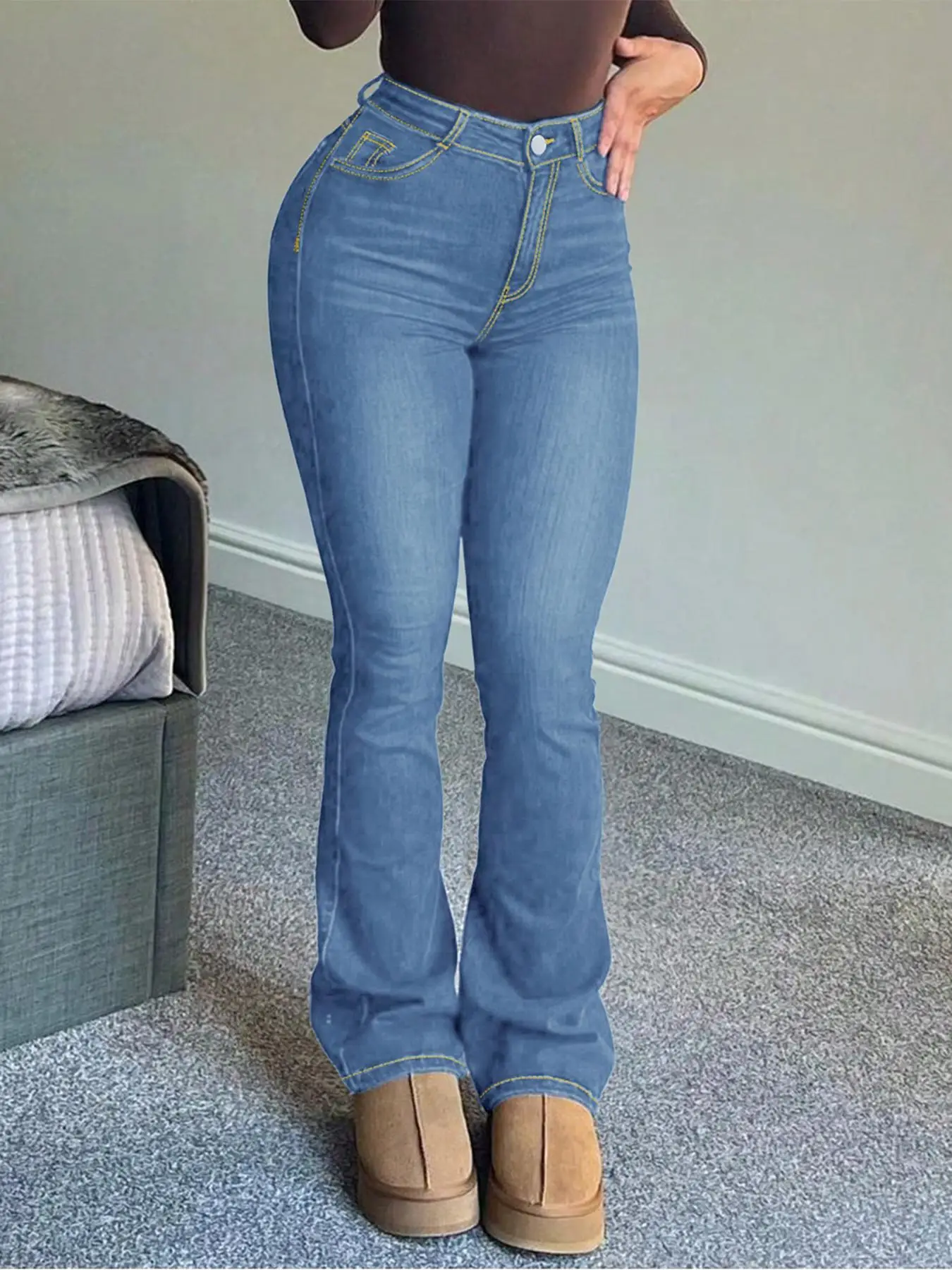 Women's Plain Flare Leg Stretchy Jeans, Casual Button Fly Pocket Design Bell Bottom Trousers for Daily Wear, Ladies Bottoms for All Seasons