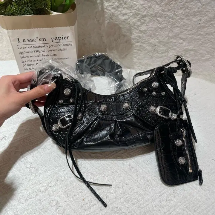 Pre-owned Balenciaga Le Cagole XS Rhinestone Shoulder Bag 671309 in Black Croc Embossed Calfskin ZX148