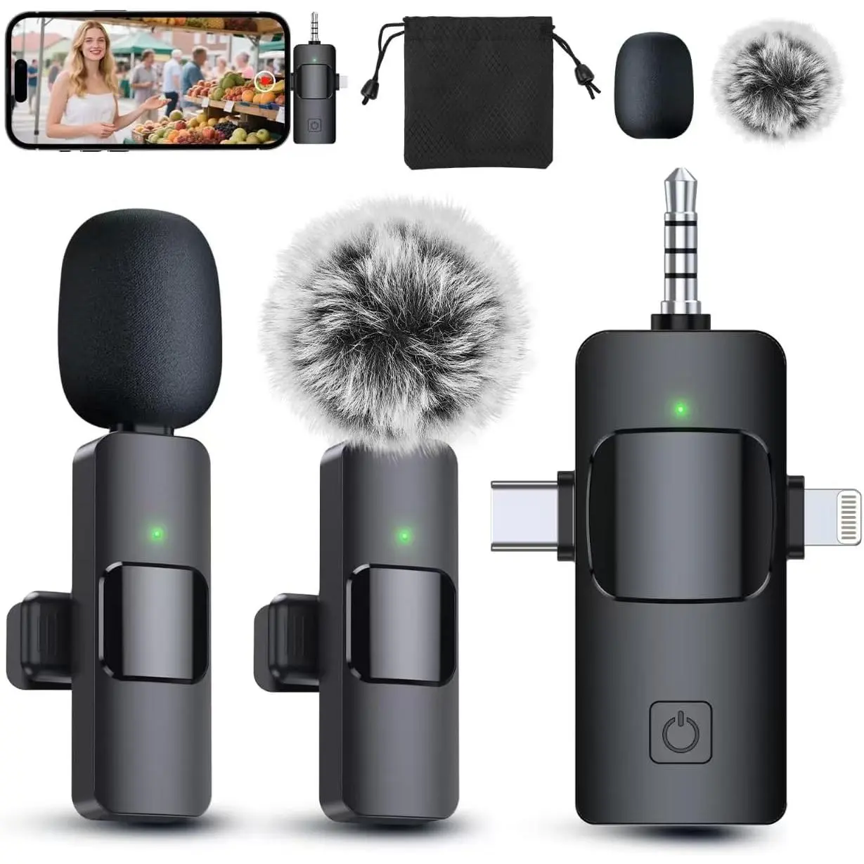 3 in 1 Professional Wireless Lavalier Microphone for iPhone, Android, Camera, Wireless Microphones, Mini Microphone, Crystal Clear Sound Quality for Recording, Live Streaming, YouTube, TikTok