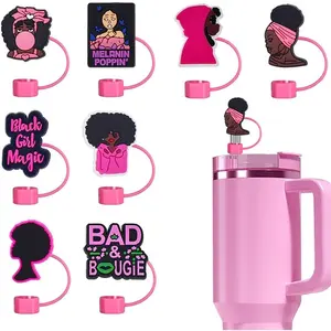 8 count  Black Girl Straw Covers Cap for  Cup, Cute  Straw Topper Compatible with 10mm/0.4in Diameter Straws,  Dust-Proof Tips,  Cup Accessorie