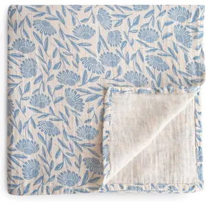 Muslin Baby Swaddle Blanket 100% Organic Cotton Blue Flowers