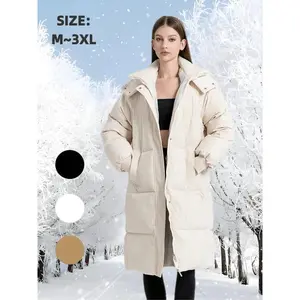 Women’s long puffer coat with deep pockets and a hood—warm, thick winter outerwear in a loose, casual style for cold weather