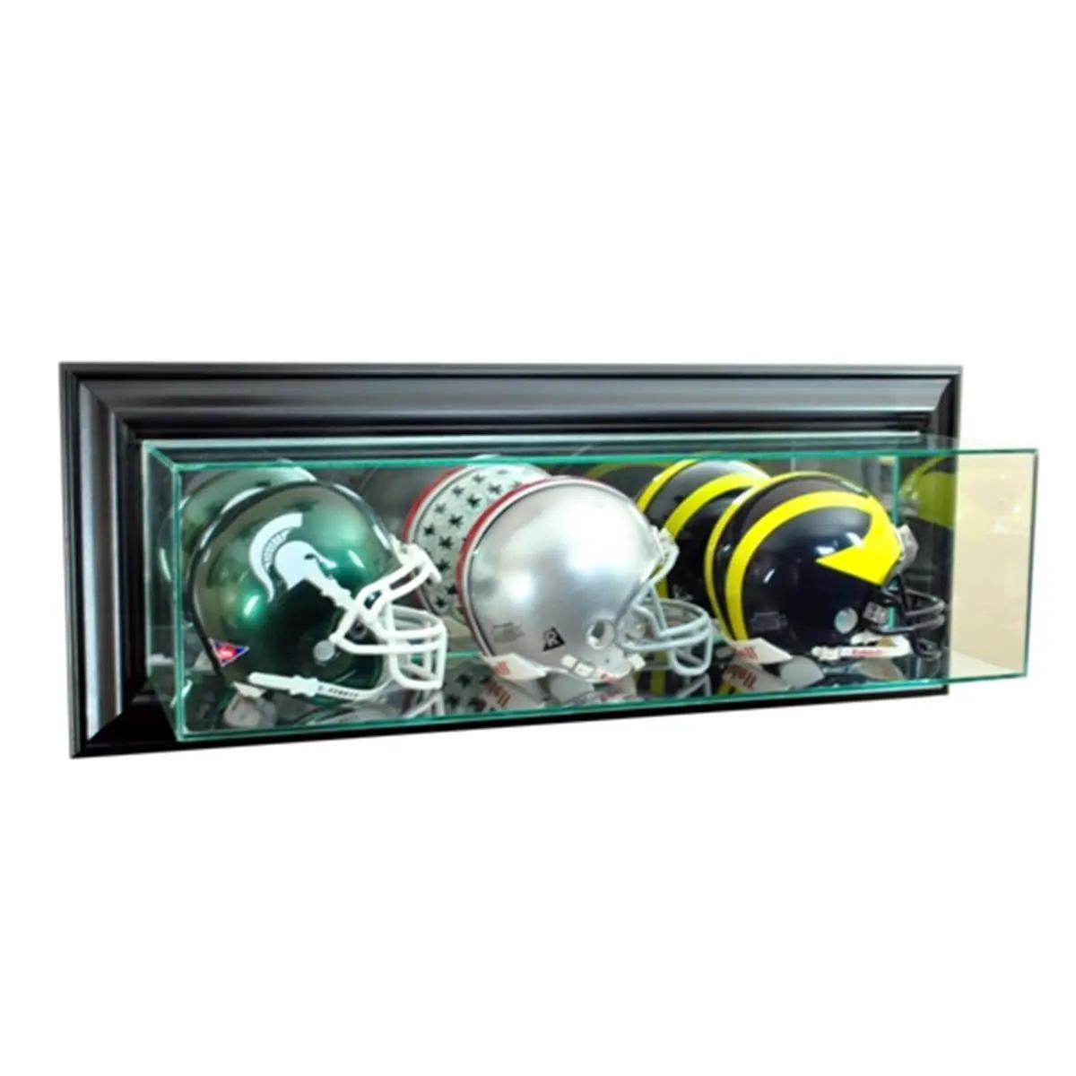 212 MAIN Wall-Mounted Triple Mini Football Helmet Display Case - Wooden, UV-Protected, Black Shelf Sports Collectibles Storage Solution
