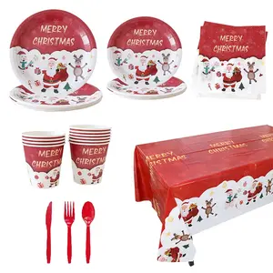Christmas party tableware set,including cups,tablecloth,knives and forks.Santa Claus cartoon character,winter birthday party,Christmas special set.