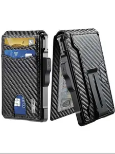 Men's Wallet with Clip Carbon Fiber Wallet Mens Minimalist Wallet 9-12 Cards Slim Compact Wallet with Money Clip RFID Blocking Smart Pop Up Wallet for Men Rfid Blocking Wallets