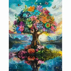 5D Full Drill Diamond Painting Kit - Enchanted Tree of Life with Colorful Flowers and Butterflies, Serene Mountain Lake Scene with Shimmering Sky Accents, Vibrant Fantasy Nature Art Style, Tree and Floral Themed DIY Art for Home Wall Decor