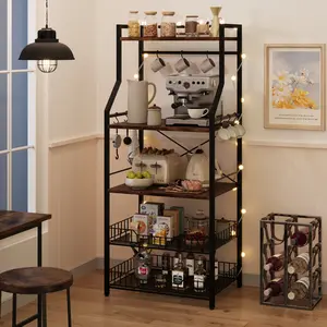 5 Tier Microwave Stand with 2 Large Wire Basket & 8 Hooks, Industrial Bakers Rack with Storage, Freestanding Coffee Bar Station for Kitchen, Dining Room, Living Room, Black