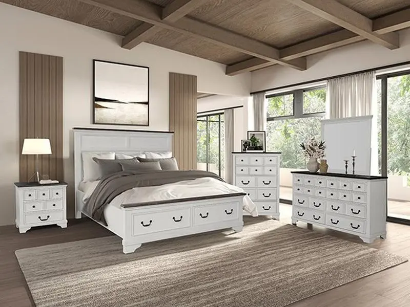 Hampstead White & Dark Brown Finish Wood Modern Farmhouse Queen Bedroom Set - 4PC FM79014WH-4PC with Bed Nightstand Dresser Mirror Assembly Required