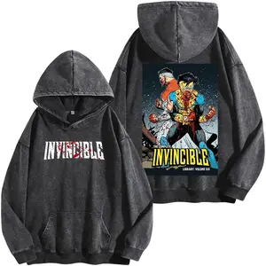 Invincible S4 Washed Hoodie Vintage Black Streetwear, Conquest Villain Anime Comic Graphic, Omni Power Character Fan Apparel