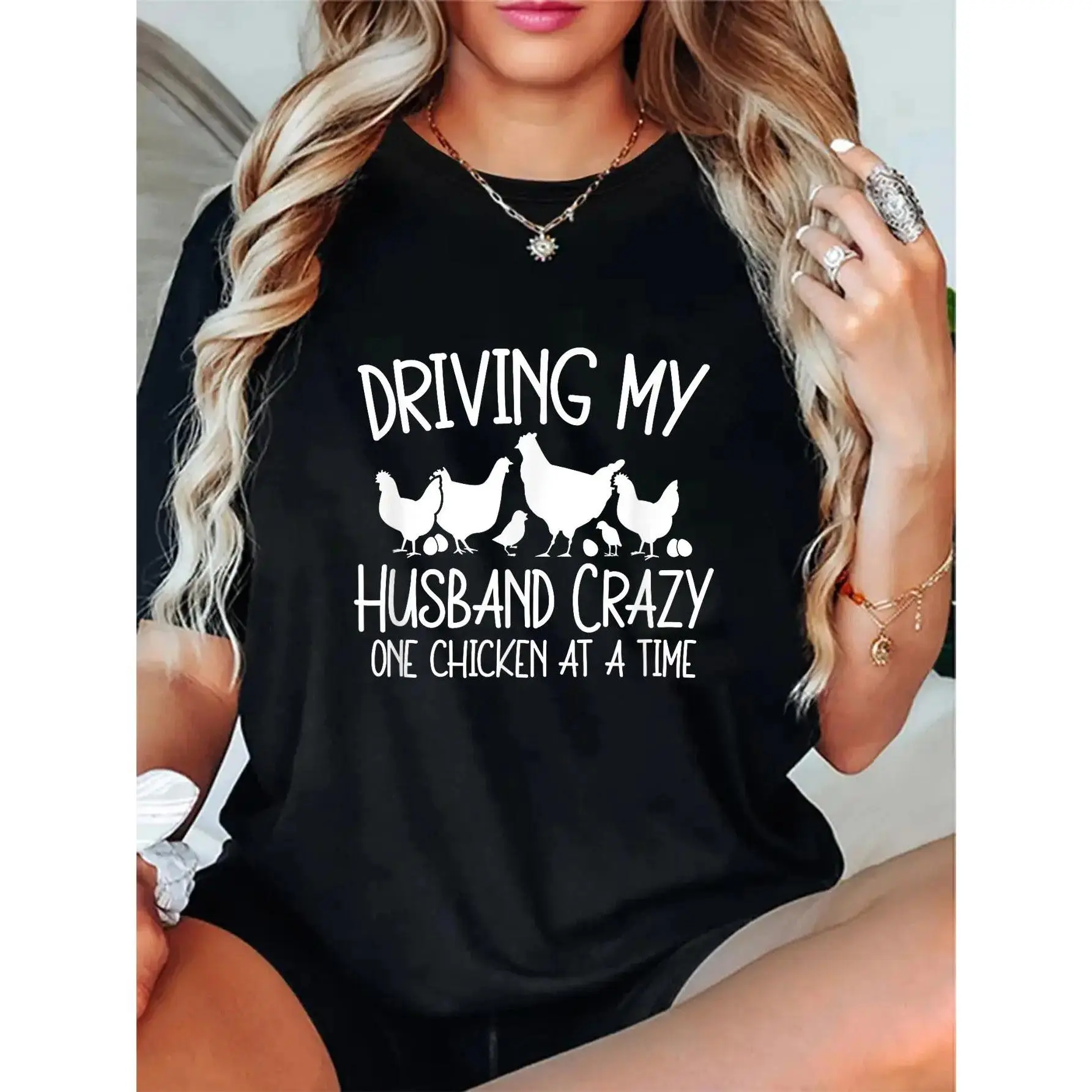 100% Cotton Chicken Lady Driving My Husband Crazy One Chicken At A Time T-Shirt