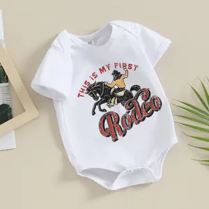 Newborn Baby Short Sleeve Western Romper Birthday Outfits Summer Casual Round Neck Cowboy Hat Print Bodysuit