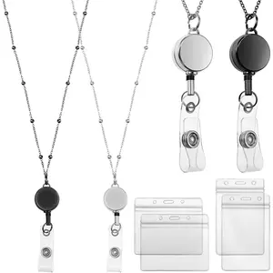 L-BR050 2 Pieces Badge Lanyard with ID Holders Stainless Steel Badge Name Tag Holders Necklace Retractable Reel Clip Chain Water Resistant for School Office(Black, Silver)